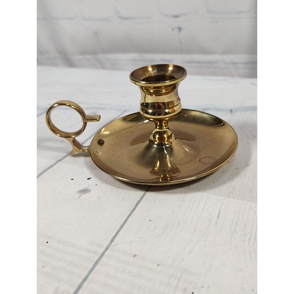 Vintage Solid Brass Chamberstick Candle Holder with Finger Loop Handle Gold Tone